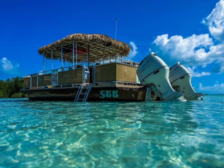 Exotic Key West boat rental with luxury pontoon boat featuring dual outboard motors and a shaded seating area, perfect for exploring the clear waters and island adventures.