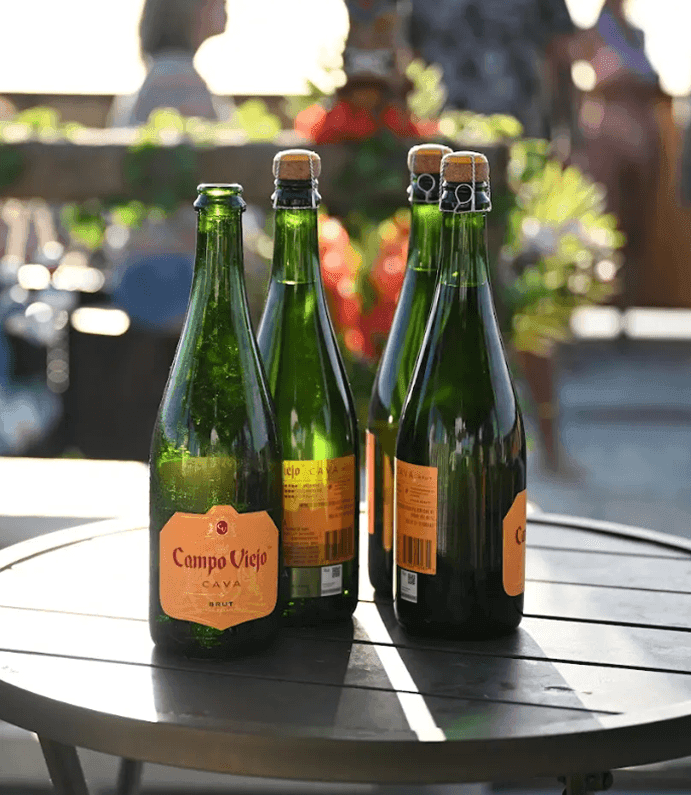Bottle of Campo Viejo Cava on a wooden table in outdoor setting, focus on sparkling wine bottles, perfect for Key West boat rentals and seaside celebrations, luxury experience in Florida.